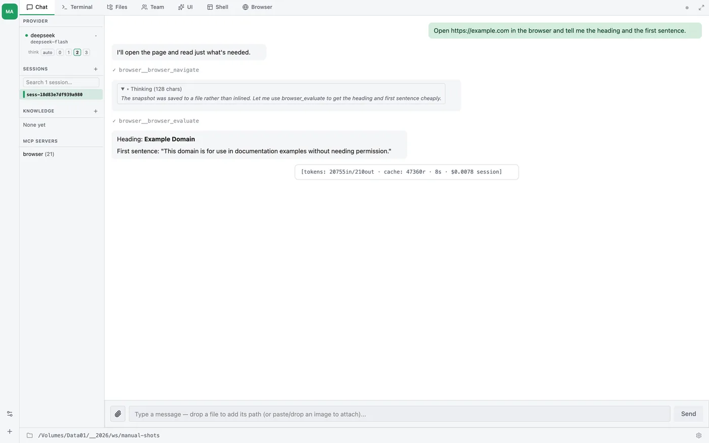 Chat tab mid-conversation — the agent's tool calls render as collapsible browser__* rows, a Thinking block sits inline, and the token / cost footer closes the turn